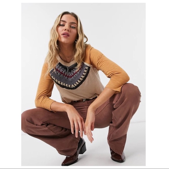 FREE PEOPLE BOHO TEE KNIT PULLOVER CROCHET TOP A2C - Picture 7 of 13